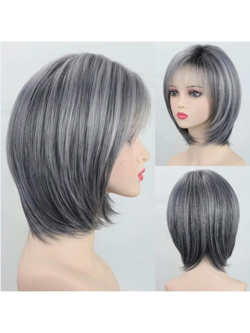 Women's Salt N Pepper 12 Inch Mid Length Heat Synthetic Straight Layered Bob Wig